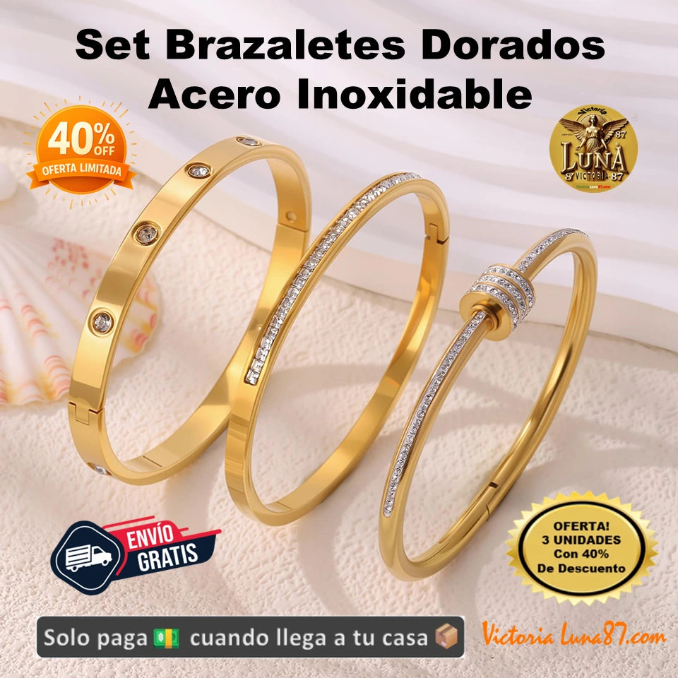3 Brazaletes Dorados💫Acero Inoxidable Set | Elegancia y Lujo Accesible para Mujer