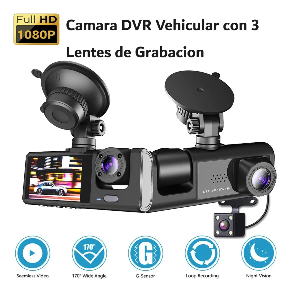Camara de Carro 3 Lentes DVR Cam 1080p