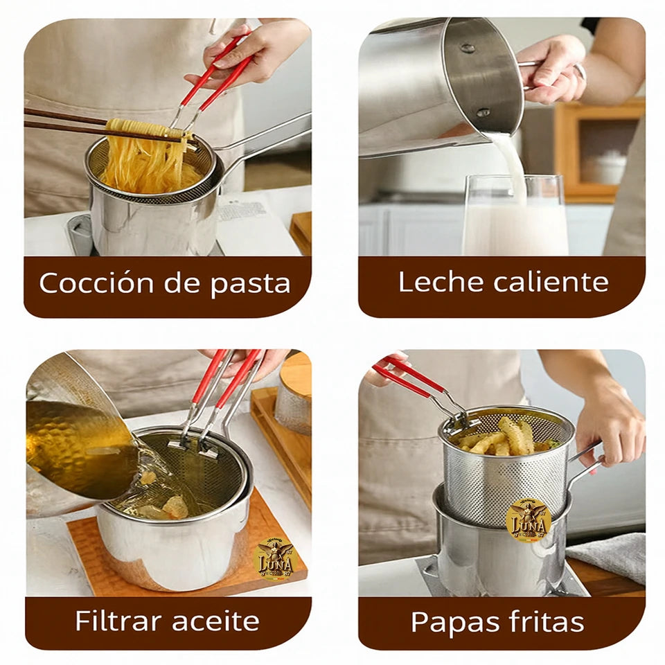 🥘Olla Freidora Compacta de Acero Inoxidable con Cesta Coladora