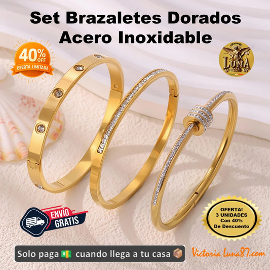 3 Brazaletes Dorados💫Acero Inoxidable Set | Elegancia y Lujo Accesible para Mujer