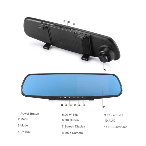 Espejo Retrovisor con Doble Camara Full HD y Camara de Reversa