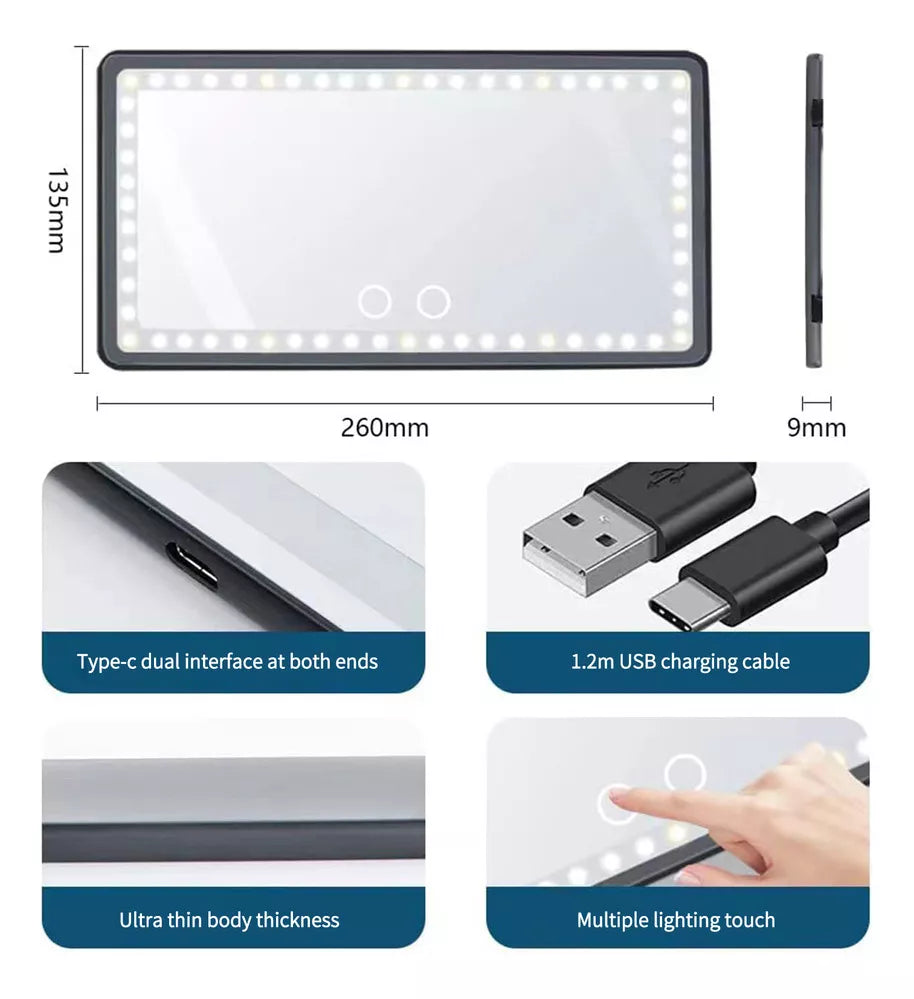 Espejo de Maquillaje con Luz LED Recargable para Auto