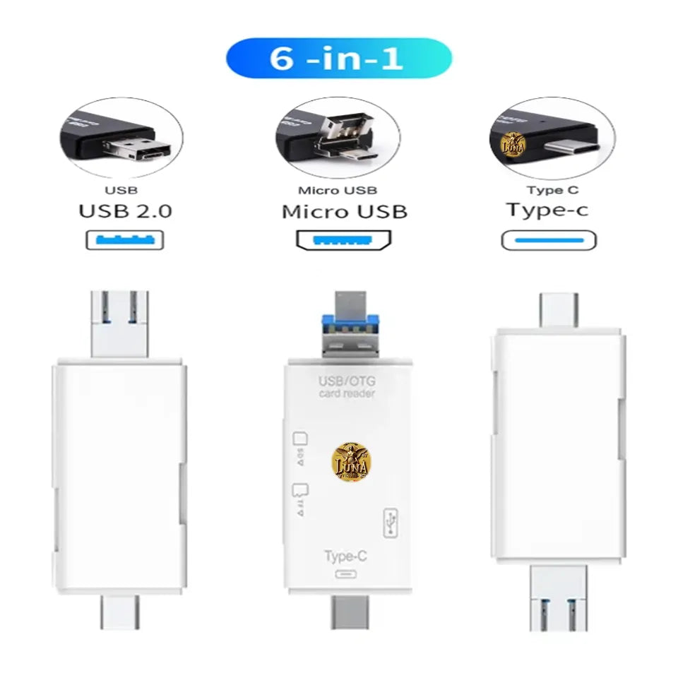 📲6 en 1📲Lector De Tarjetas Sd Micro Sd Usb C Otg 2.0 Para Celular Pc Blanco
